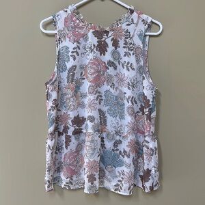 Loft, Medium, sleeveless blouse, floral print with gold detail, pink/blue/brown